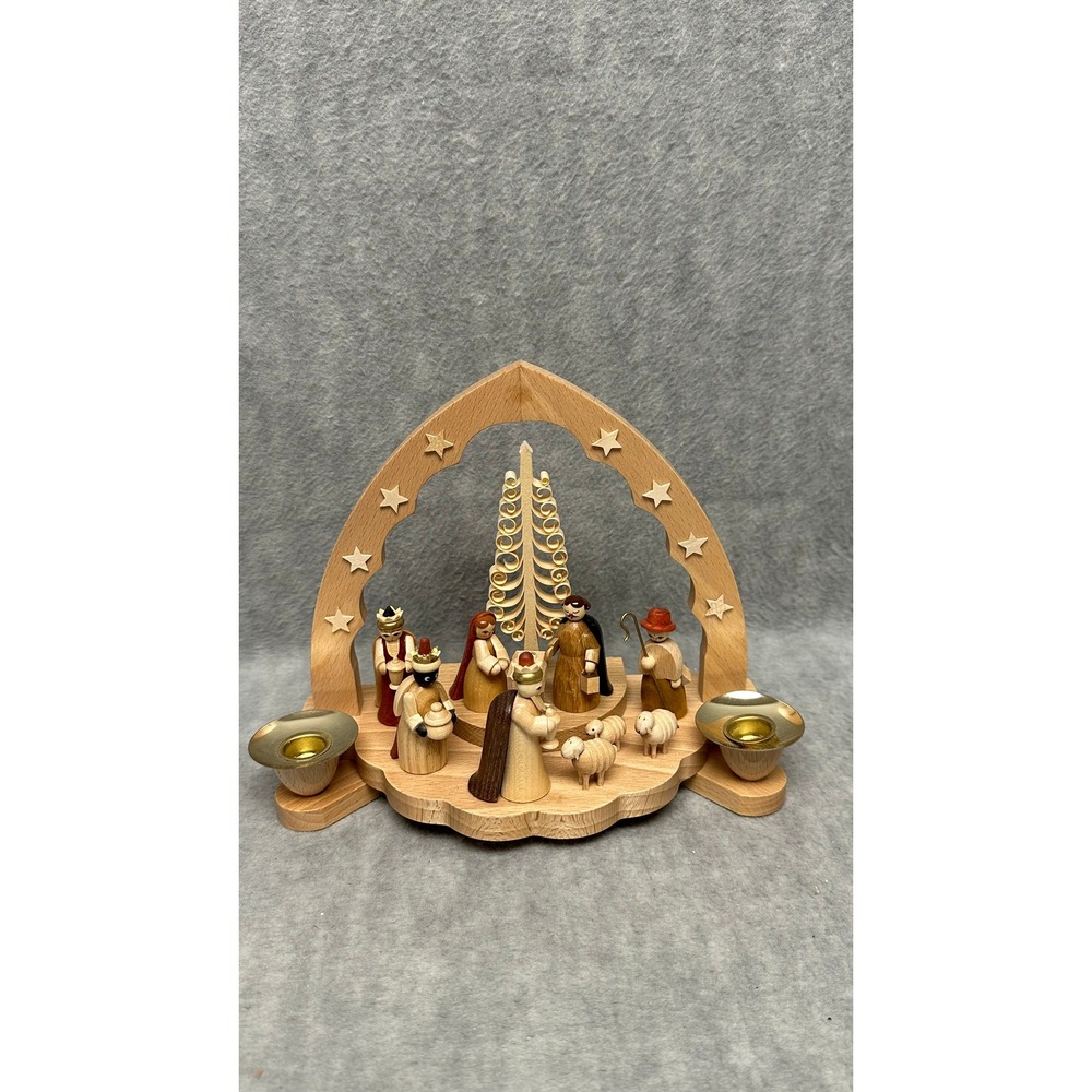 VTG German Erzgebirge Wooden Nativity Manger Candle Arch Schwibbogen Folk Art